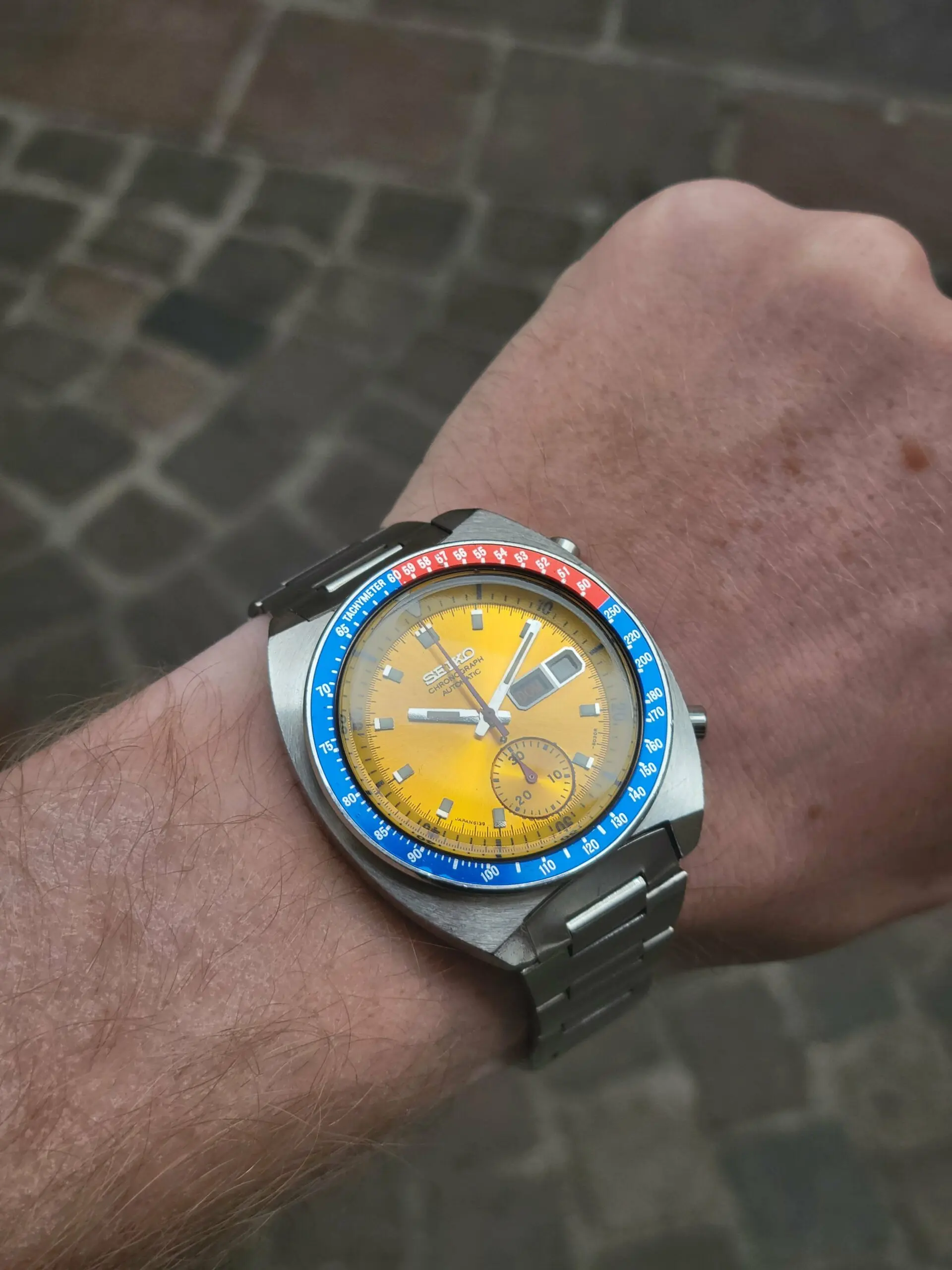 Seiko 6139 Pogue chronograph with distinctive blue and gold dial